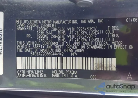 2006 Toyota Sienna Xle Limited из США, поврежденный, VIN 5TDZA22C66S444142